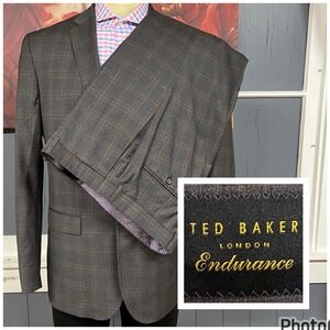 Ted Baker Suit 2Pc Set Mens 44L Long Wool Pants 37x31 Taper Gray/Brown Plaid